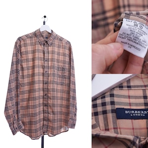 Mens BURBERRY LONDON Beige Plaid Button Down Long Sleeve Dress Shirt