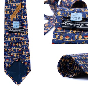 Men&#39;s SALVATORE FERRAGAMO Silk Blue Tie Necktie Print ITALY