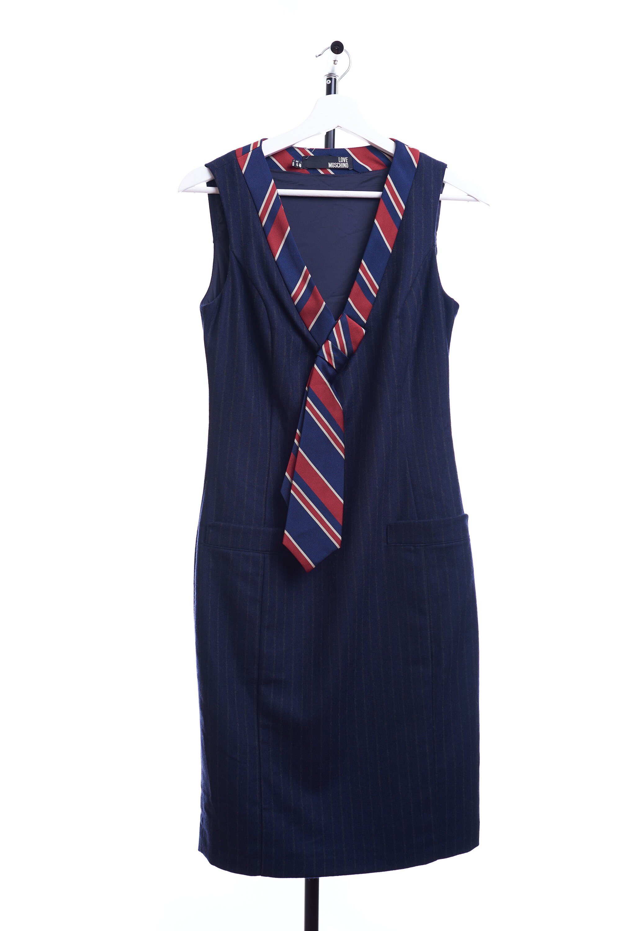 MOSCHINO Navy Blue Virgin Wool Neck Tie Pin Stripe Dress USA