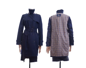 Vintage Aquascutum Trench Belted Jacket Double-Sided Blue Plaid Size UK 12 REG