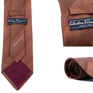 Men&#39;s SALVATORE FERRAGAMO Handmade Silk Brown Tie Necktie Print ITALY