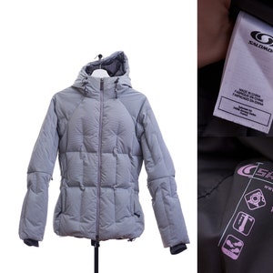 Salomon Womens Hooded Down Snowboard Jacket Ski Mantel Weiß Blau