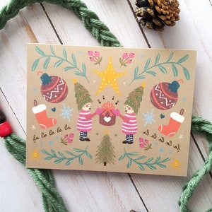 Carte de vacances mignonne, carte de Noël Caroling, carte de note Falala