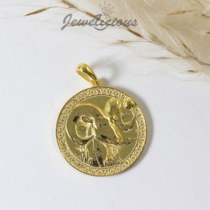 Aries Zodiac Coin Necklace/ Aries Horoscope Medallion/Unique Aries Round Pendant 14K Solid Gold, sold without chain.