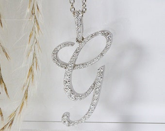 G Initial Letter Pendant - Natural Diamonds - Solid 10K White Gold - Diamond Initial Pendant - Sold Without Chain