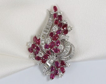 Vintage Fabulous Heavy Platinum 10 CTW Natural Diamonds and Ruby Flower Bouquet Leaf Brooch Pin - Unique Find