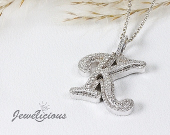 K Initial Letter Double Layer Pendant - Natural Diamonds - Solid 10K White Gold - Diamond Initial Pendant  - Sold Without Chain