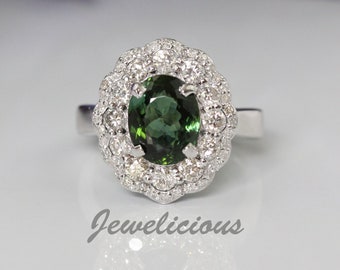 Dazzling 3.77 ct. Natural Oval Green Tourmaline and Diamonds Luxury Cocktail Ring in 14K White Gold, Engagement - Anniversary -Birthday Gift