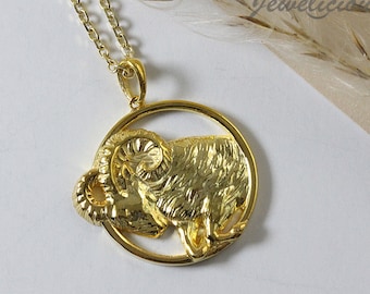 10k or 14k Solid Gold Aries Zodiac Pendant / Horoscope Sign Medallion Round Pendant , sold without chain.