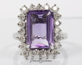 Stunning 8.44 TCW Natural Amethyst and Diamonds Large Halo Cluster Luxury Ring in 18K White Gold, Engagement - Anniversary -Birthday Gift