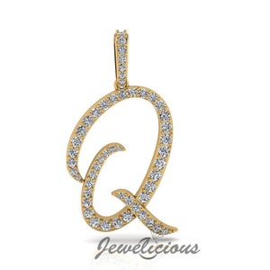 Pingente com inicial de diamante - Pingente com letra inicial Q personalizado - Diamantes naturais - Disponível em ouro maciço 10K e 14K em todas as cores douradas - Estilo 2