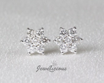 Gorgeous 0.4 ct Natural Diamonds 7 mm Cluster Flower Stud Earrings in 14K White Gold