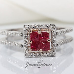 EFFY Fabulous 1 TCW Natural Rubies and Diamonds Square Halo Luxury Ring in 14K White Gold, Engagement - Anniversary -Birthday Gift