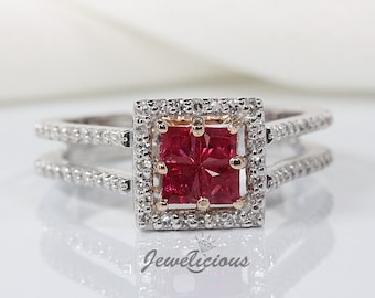 EFFY Fabulous 1 TCW Natural Rubies and Diamonds Square Halo Luxury Ring in 14K White Gold, Engagement - Anniversary -Birthday Gift