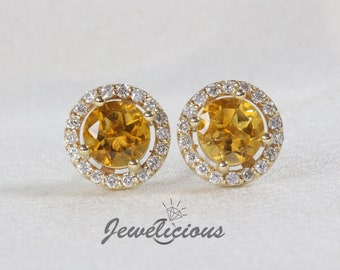 Natural Citrine and Diamonds 10mm Round Halo Stud Earrings in 14K Yellow Gold, Perfect Gift for Birthday - Valentine's - Anniversary