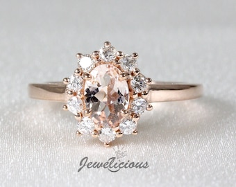 Elegant Natural Oval Morganite and Diamonds Halo Luxury Ring in 14K Rose Gold, Engagement - Anniversary -Birthday Gift
