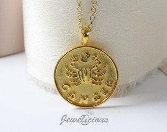 10k / 14k Solid Gold Cancer Zodiac Pendant / Horoscope Sign Medallion/ Cancer Coin Pendant, sold without chain.