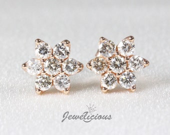 Gorgeous 1 CT Natural Diamonds 9 mm Large Cluster Flower Stud Earrings in 14K Rose Gold