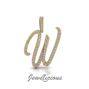 Pingente com inicial de diamante - Pingente com letra inicial W personalizado - Diamantes naturais - Disponível em ouro maciço 10K e 14K em todas as cores douradas - Estilo 3