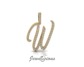 Diamond Initial Pendant - Custom W Initial Letter Pendant - Natural Diamonds - Available in 10K and 14K Solid Gold all gold colors - Style 3
