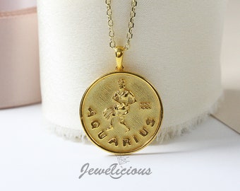 10k / 14k Solid Gold Aquarius Zodiac Pendant / Horoscope Sign Medallion/ Aquarius Coin Pendant, sold without chain.