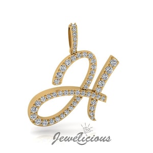 Pingente com inicial de diamante - Pingente com letra inicial H personalizado - Diamantes naturais - Disponível em ouro maciço 10K e 14K em todas as cores douradas - Estilo 1