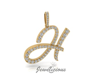 Diamond Initial Pendant - Custom H Initial Letter Pendant - Natural Diamonds - Available in 10K and 14K Solid Gold all gold colors - Style 1