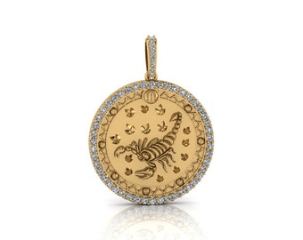 Scorpio Zodiac Coin Necklace/ Scorpio Horoscope Medallion/Unique Scorpio Round Pendant with Diamonds 14K Solid Gold, Sold Without Chain