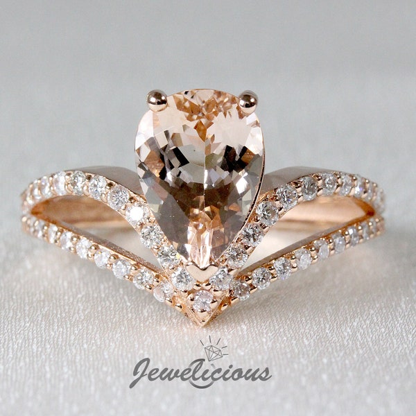 Unique 2.4 TCW Natural Pear Morganite and Diamonds V Shape Luxury Ring in 14K Rose Gold, Engagement - Anniversary -Birthday Gift