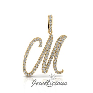 Pingente com inicial de diamante - Pingente com letra inicial M personalizado - Diamantes naturais - Disponível em ouro maciço 10K e 14K em todas as cores douradas - Estilo 1