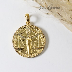 Libra Zodiac Coin Necklace/ Libra Horoscope Medallion/Unique Libra Round Pendant 14K Solid Gold, sold without chain.