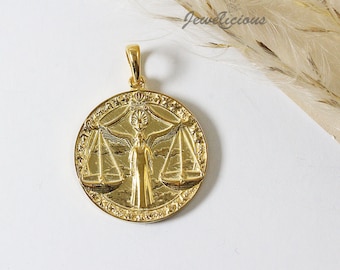 Libra Zodiac Coin Pendant - Libra Handmade Medallion - 10k or 14K Solid Gold