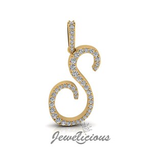 Pingente com inicial de diamante - Pingente com letra inicial S personalizado - Diamantes naturais - Disponível em ouro maciço 10K e 14K em todas as cores douradas - Estilo 4