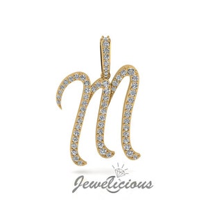 Pingente com inicial de diamante - Pingente com letra inicial M personalizado - Diamantes naturais - Disponível em ouro maciço 10K e 14K em todas as cores douradas - Estilo 4