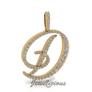 Pingente com inicial de diamante - Pingente com letra inicial D personalizado - Diamantes naturais - Disponível em ouro maciço 10K e 14K em todas as cores douradas - Estilo 2