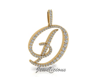 Diamond Initial Pendant - Custom D Initial Letter Pendant - Natural Diamonds - Available in 10K and 14K Solid Gold all gold colors - Style 2