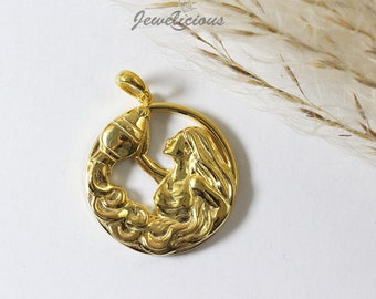10k or 14k Solid Gold Aquarius Zodiac Pendant / Horoscope Sign Medallion Round Pendant , sold without chain.