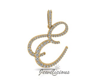 Diamond Initial Pendant - Custom E Initial Letter Pendant - Natural Diamonds - Available in 10K and 14K Solid Gold all gold colors - Style 3