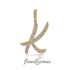 Pingente com inicial de diamante - Pingente com letra inicial K personalizado - Diamantes naturais - Disponível em ouro maciço 10K e 14K em todas as cores douradas - Estilo 4