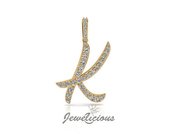 Diamond Initial Pendant - Custom K Initial Letter Pendant - Natural Diamonds - Available in 10K and 14K Solid Gold all gold colors - Style 4