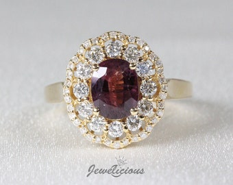 Fabulous 2.6 TCW Natural Oval Ruby and Diamonds Double Halo Luxury Ring in 14K Yellow Gold, Engagement - Anniversary -Birthday Gift