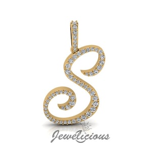 Pingente com inicial de diamante - Pingente com letra inicial S personalizado - Diamantes naturais - Disponível em ouro maciço 10K e 14K em todas as cores douradas - Estilo 6