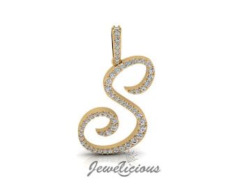 Diamond Initial Pendant - Custom S Initial Letter Pendant - Natural Diamonds - Available in 10K and 14K Solid Gold all gold colors - Style 6