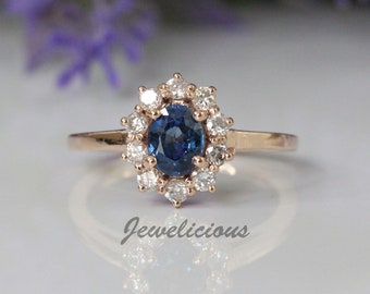 Unique 1.17ct Natural Oval Blue Sapphire and Diamonds Halo Cocktail Ring in 14K Rose Gold, Engagement - Anniversary -Birthday Gift