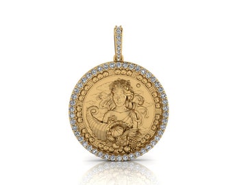 Virgo Zodiac Coin Necklace/ Virgo Horoscope Medallion/Unique Virgo Round Pendant with Natural Diamonds 14K Solid Gold, Sold Without Chain