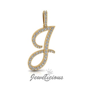 Pingente com inicial de diamante - Pingente com letra inicial J personalizado - Diamantes naturais - Disponível em ouro maciço 10K e 14K em todas as cores douradas - Estilo 1