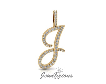 Diamond Initial Pendant - Custom J Initial Letter Pendant - Natural Diamonds - Available in 10K and 14K Solid Gold all gold colors - Style 1
