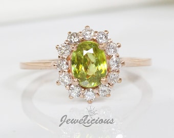 Unique 1.45 CTW Natural Oval Green Sphene and Diamonds Halo Cocktail Ring in 14K Rose Gold, Engagement - Anniversary -Birthday Gift
