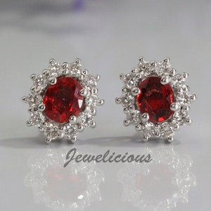 Gorgeous 1.06 ct Natural Oval Ruby & Diamonds Cluster Flower Stud Earrings in 14K White Gold