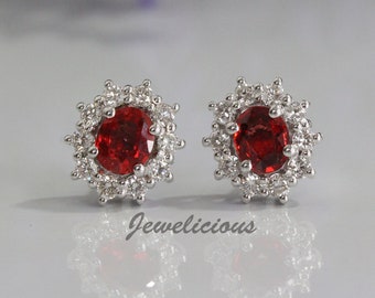 Gorgeous 1.06 ct Natural Oval Ruby & Diamonds Cluster Flower Stud Earrings in 14K White Gold